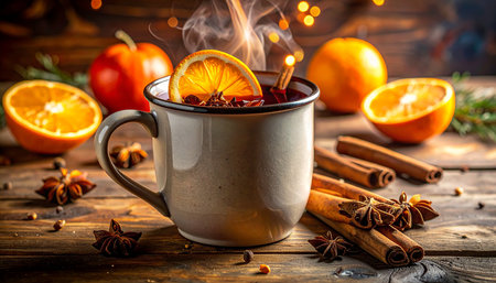 Hot mulled wine in a cup with spices on a wooden backgroundの素材