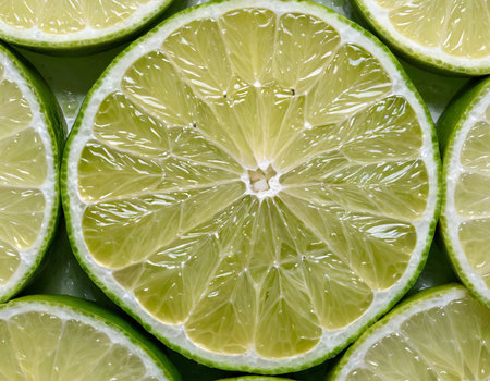 Fresh lime slices background. Top view, flat lay. Close up.の素材