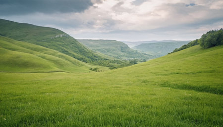 Panoramic view of green hills and blue sky with clouds.の素材