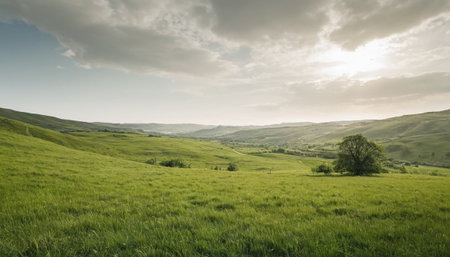 Landscape with green meadows and hills under blue sky with cloudsの素材