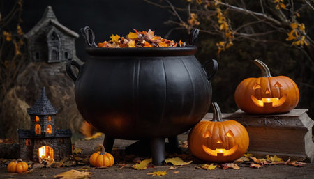 Halloween still life with witch cauldron and pumpkins on dark backgroundの素材