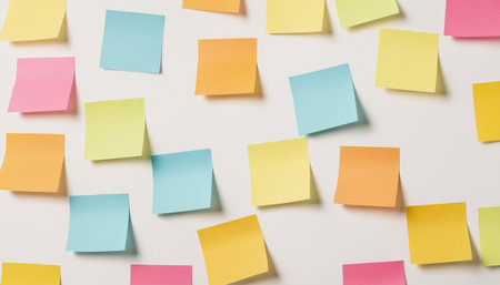 Colorful sticky notes on a white background with space for text.の素材
