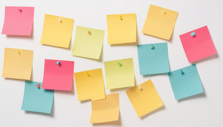 Colorful sticky notes on a white background with copy space for textの素材