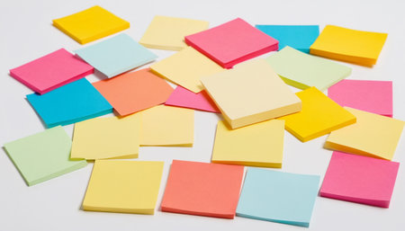 Colorful post it notes on white background. Selective focus.の素材