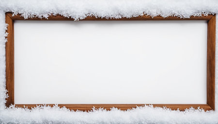 Wooden frame with snow and snowflakes on a white backgroundの素材