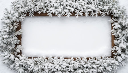 Wooden frame with snow and fir branches on white background, top viewの素材