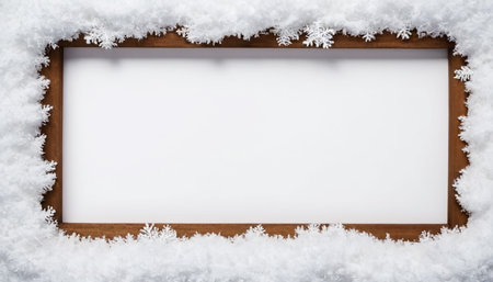 Wooden frame with snow and snowflakes on a wooden backgroundの素材