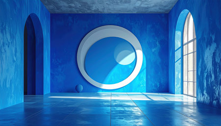 3D rendering of a blue room with a round window and a blue wallの素材