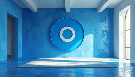 3d render of interior with blue wall and blue circle in the centerの素材