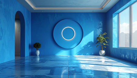 Blue interior with blue walls, concrete floor and round window. 3d renderingの素材