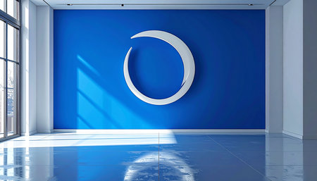 3d rendering of blue interior with crescent moon on blue wallの素材