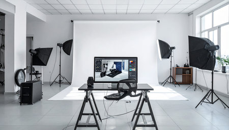 Interior of a modern photo studio with professional equipment and lighting equipmentの素材