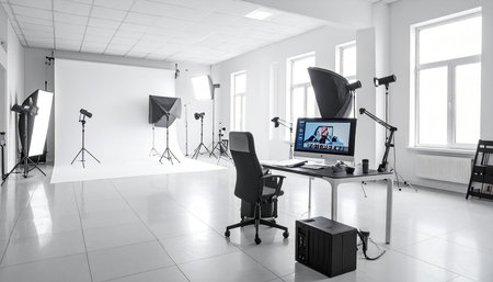 Interior of a modern photo studio with professional equipment and lighting equipmentの素材