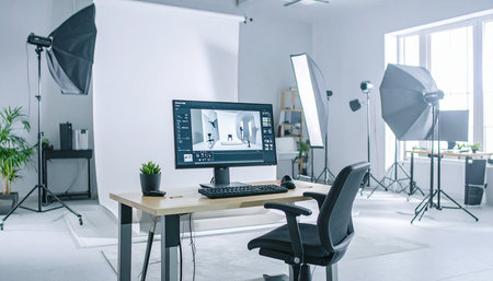 Photographer working on a computer in a photo studio. Soft focusの素材