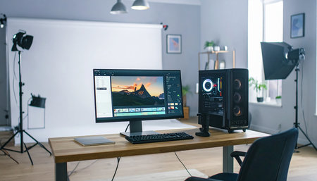 Modern photo studio with professional equipment and lighting equipment on the table.の素材