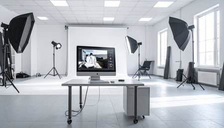 Interior of modern photo studio with professional equipment. 3d renderingの素材