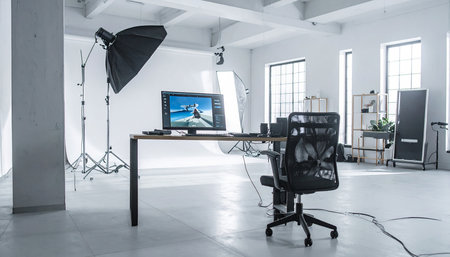 interior of modern photo studio with professional equipment and lighting equipment.の素材