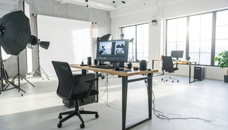 Interior of a modern photo studio with professional equipment and lighting equipmentの素材