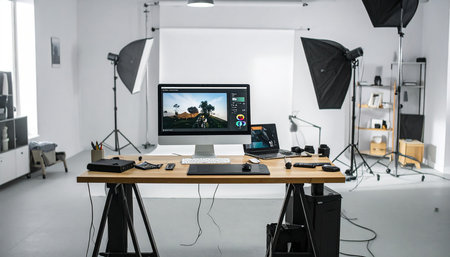interior of modern photo studio with professional equipment and copyspaceの素材