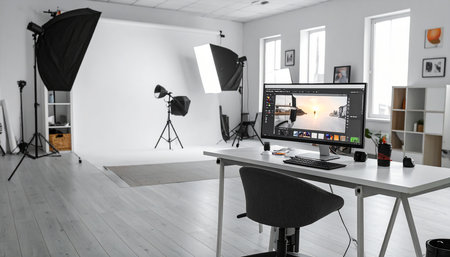 Interior of modern photo studio with professional equipment and lighting equipment.の素材