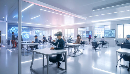 Business people using virtual reality headset in modern office. 3d renderingの素材