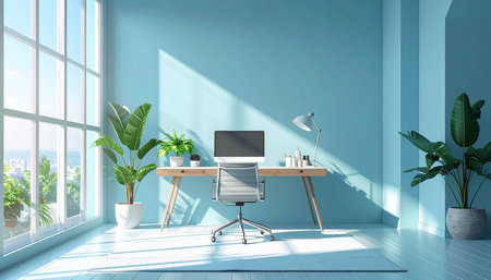 Interior of modern bright office with blue walls, wooden floor, panoramic window with city view and daylight. 3d renderingの素材