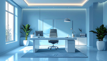 Interior of modern office with blue walls, carpet on the floor, white computer desk and plant in pot. 3d renderingの素材