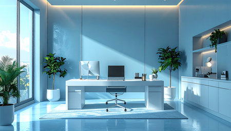 Interior of modern office with blue walls, concrete floor, white computer desk and plant pots. 3d renderingの素材