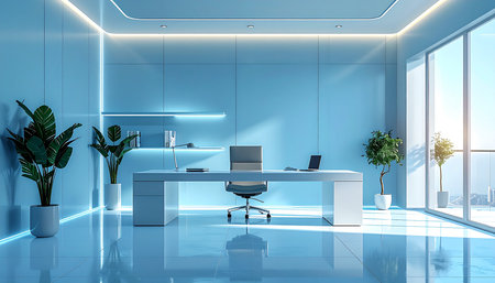 Office interior with blue walls, white floor, rows of computer tables and glass doors. 3d renderingの素材