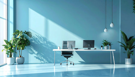 Modern bright interiors 3D rendering illustration. Computer room with plantsの素材