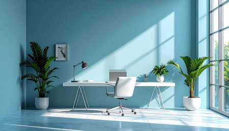 Interior of modern office with blue walls, concrete floor, white computer table with white chair and plant. 3d renderingの素材