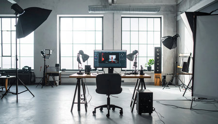 Interior of a modern photo studio with equipment and copyspaceの素材