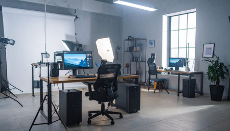 interior of modern photo studio with professional equipment and lighting equipment on itの素材