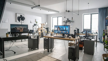 interior of a modern office in loft style with computers and equipmentの素材