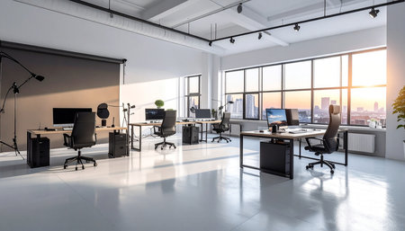 Luxury open space office with white walls, tiled floor, rows of computer tables and large windows with city view. 3d renderingの素材
