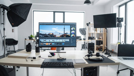 Interior of a modern photo studio with professional equipment and lighting equipmentの素材