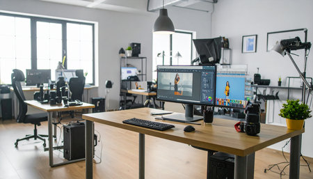 Front view of a professional photographer working on a computer in an officeの素材