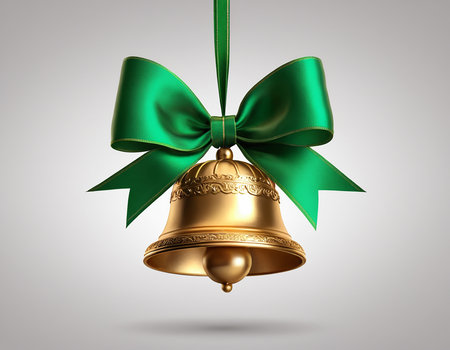 Christmas bell with green bow isolated on gray background. 3d illustrationの素材