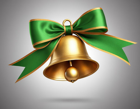 Golden christmas bell with green bow and ribbon isolated on gray backgroundの素材