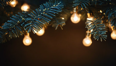 Christmas tree branches with light bulbs on dark background. Christmas and New Year concept.の素材