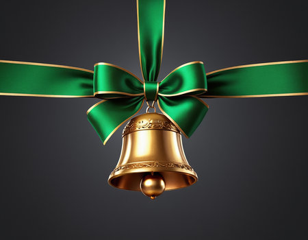 Golden christmas bell with green bow and ribbon isolated on gray backgroundの素材