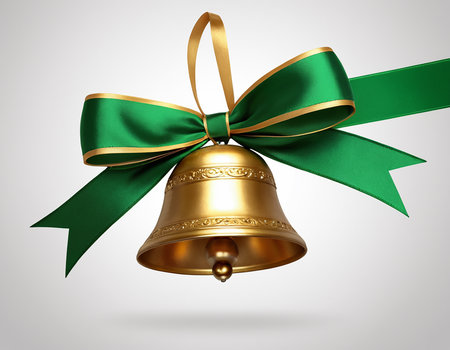 Christmas bell with green bow isolated on white background. 3d illustrationの素材