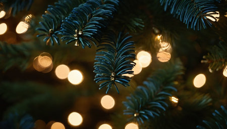 Christmas tree branches with lights bokeh background. Christmas background.の素材