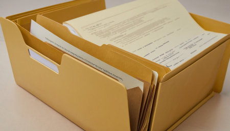 File folders with documents on the desk, closeup of file folderの素材