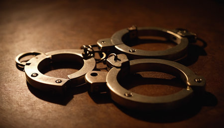Handcuffs on the table. Close-up. Selective focus.の素材