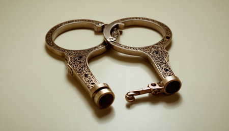 A pair of handcuffs on a white background. Close-up.の素材