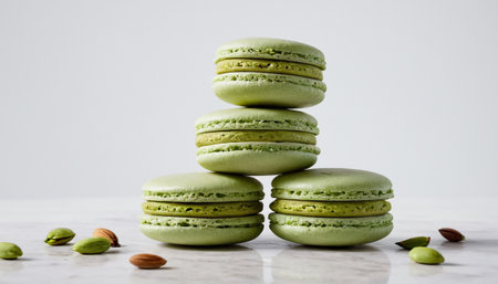 Green macaroons with pistachios on a white background.の素材