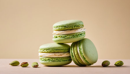 Green macaroons with pistachios on a beige backgroundの素材