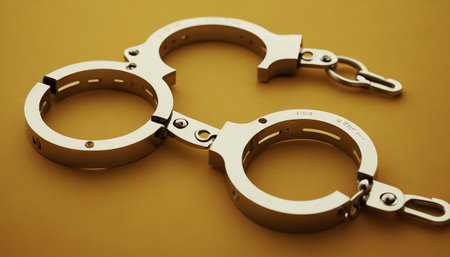 Handcuffs on a yellow background. Selective focus. Toned.の素材