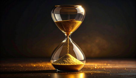 Hourglass with flowing sand on dark background. Concept of time managementの素材